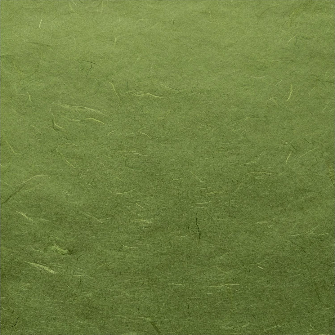Textured handmade paper from Kozo Studio featuring earthy fern green tones and visible mulberry fibers.