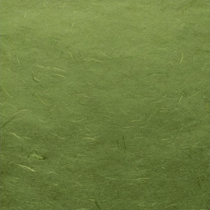 Textured handmade paper from Kozo Studio featuring earthy fern green tones and visible mulberry fibers.