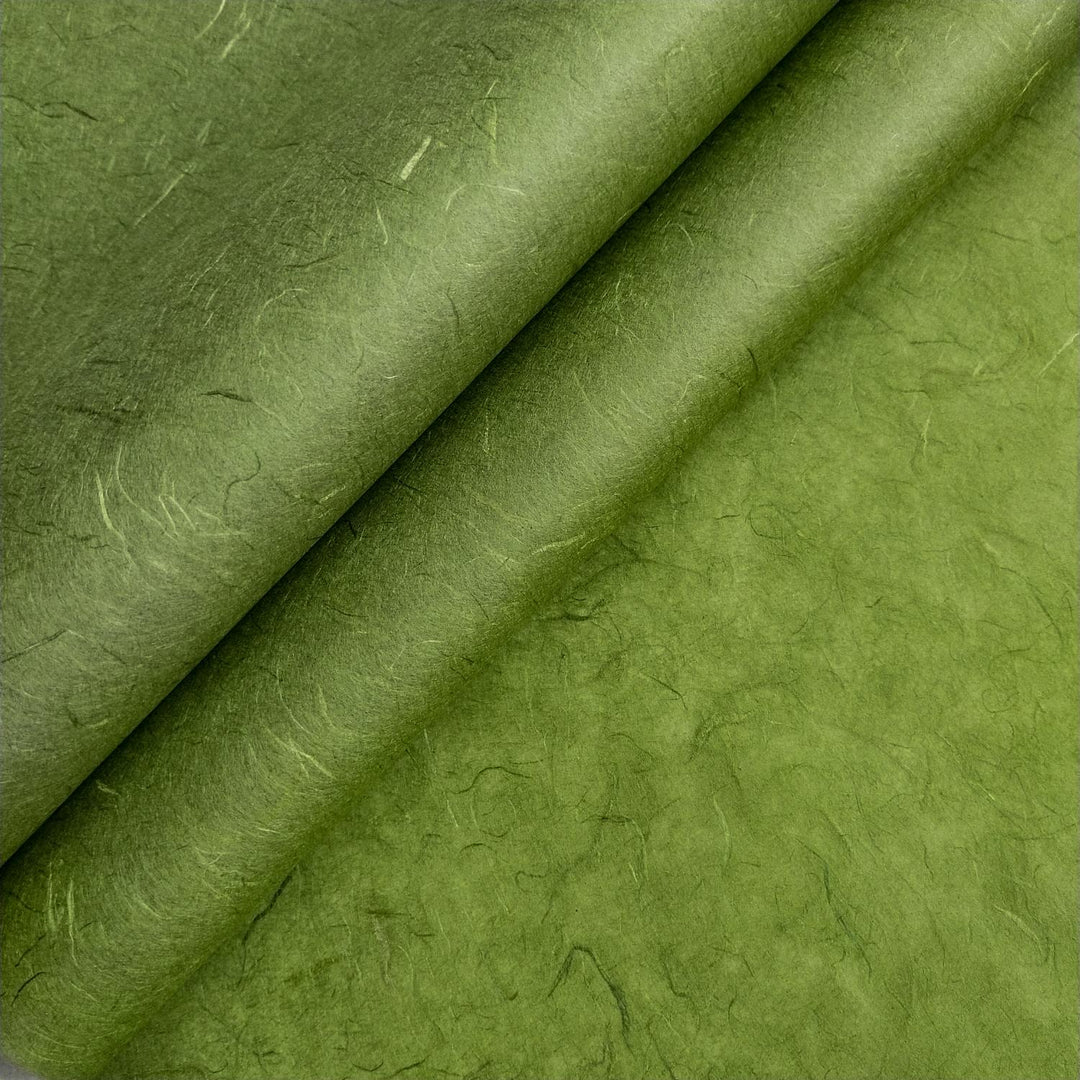 Close-up of Unryu Kozo Paper in Fern Green by Kozo Studio, showcasing natural fibers in handcrafted mulberry paper.