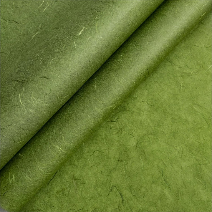 Close-up of Unryu Kozo Paper in Fern Green by Kozo Studio, showcasing natural fibers in handcrafted mulberry paper.