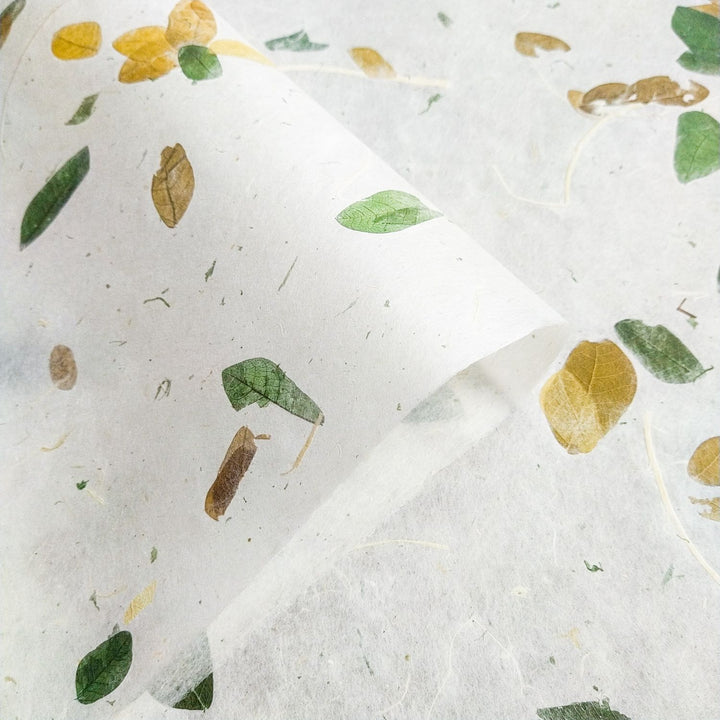 Close-up of Kozo Studio’s Raintree Kozo, a handmade paper with embedded tropical leaves, highlighting the elegance and strength of mulberry paper design.