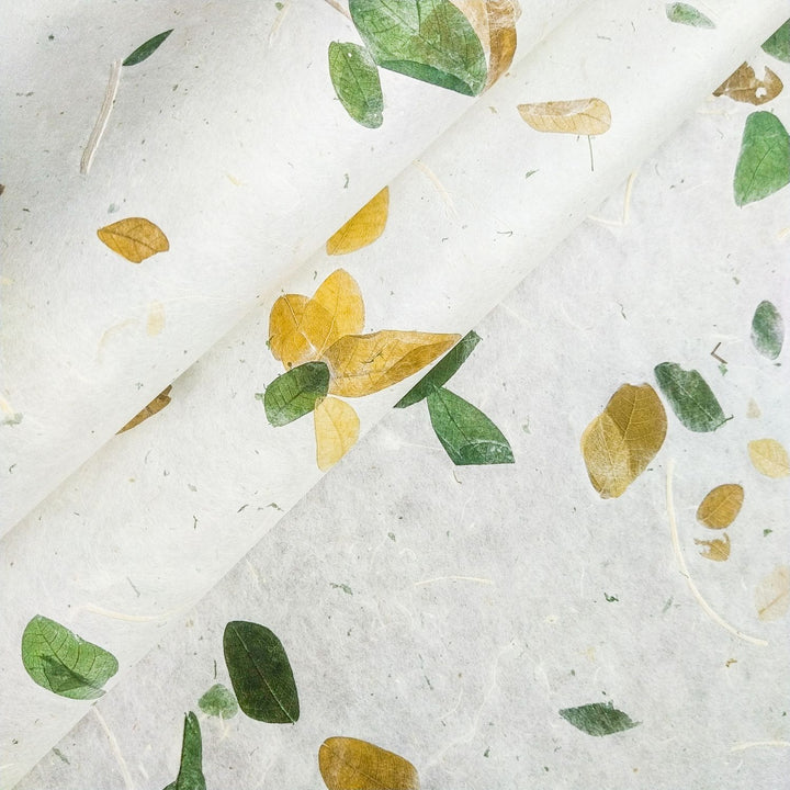 Raintree Kozo handmade paper by Kozo Studio featuring embedded green and yellow raintree leaves on delicate mulberry paper, partially rolled for display.