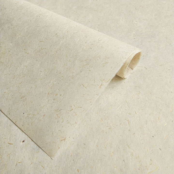Sustainable handmade paper from Kozo Studio with visible sugarcane and kozo fibers, elegantly curved and bathed in natural light.