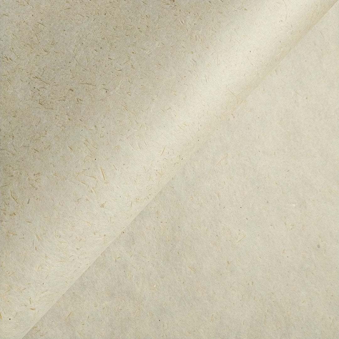 A close-up of Sugarcane Kozo Paper by Kozo Studio showcases a textured, beige surface with a slightly curled edge, revealing a subtle, fibrous pattern and natural color variations typical of this exquisite paper.