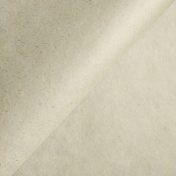 A close-up of Sugarcane Kozo Paper by Kozo Studio showcases a textured, beige surface with a slightly curled edge, revealing a subtle, fibrous pattern and natural color variations typical of this exquisite paper.