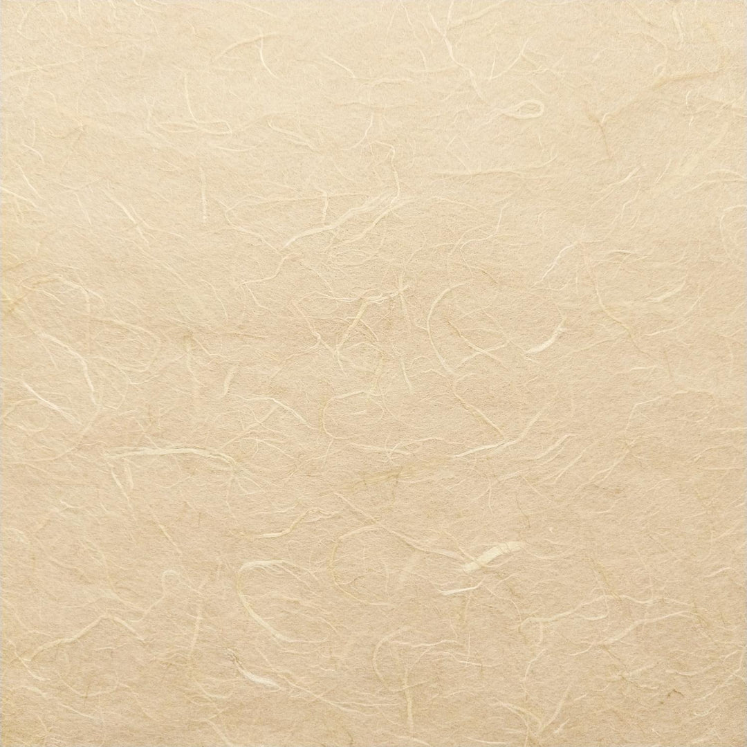 Detailed view of Unryu-style mulberry paper from Kozo Studio showing soft, pale beige tones and intricate handmade paper fibers.