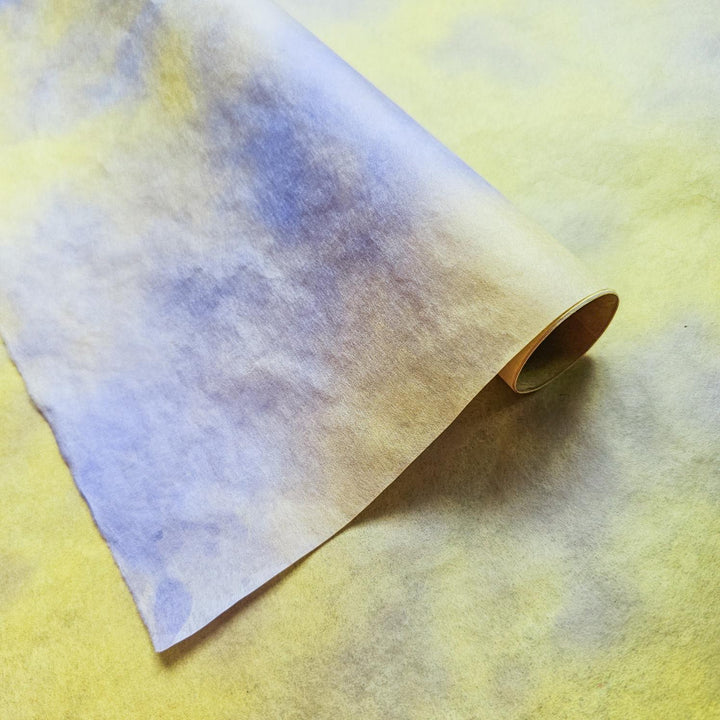 Canary Glow Ombre Kozo Mulberry Paper with elegant marbled textures and rich color blending, a premium handmade paper by Kozo Studio perfect for craft and décor use.