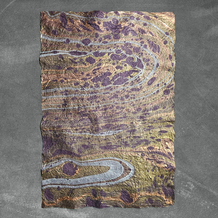 Kozo Studio handmade paper sheet in Design 12, featuring purple marbled patterns on mulberry paper with a delicate crinkled finish.