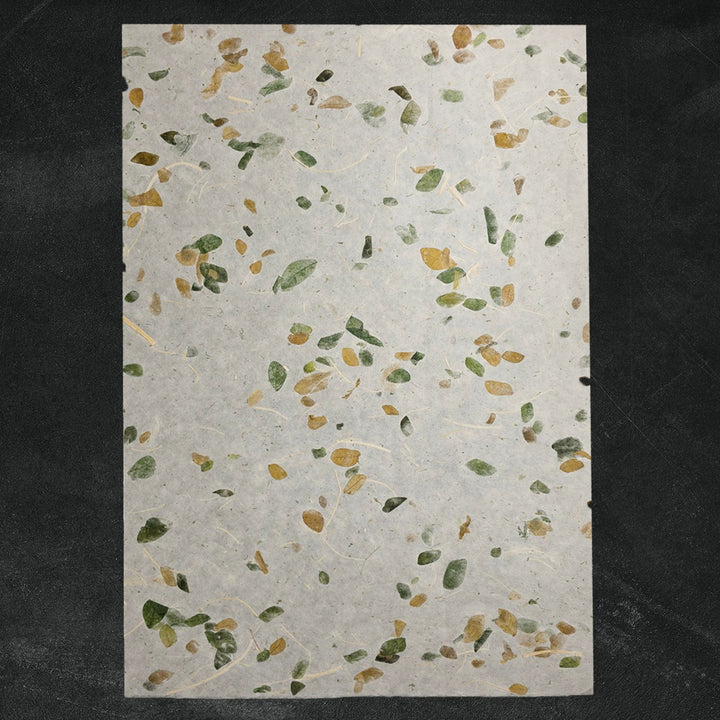 Beautifully textured mulberry paper from Kozo Studio, known as Raintree Kozo, with natural leaf inclusions and a semi-translucent handmade paper finish.