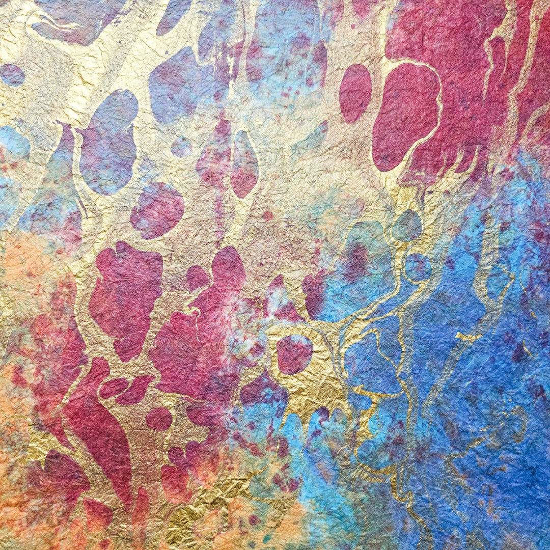 Kozo Studio's Design 6 mulberry paper with glossy marbled patterns and crinkled texture, ideal for artistic projects and decorative use.