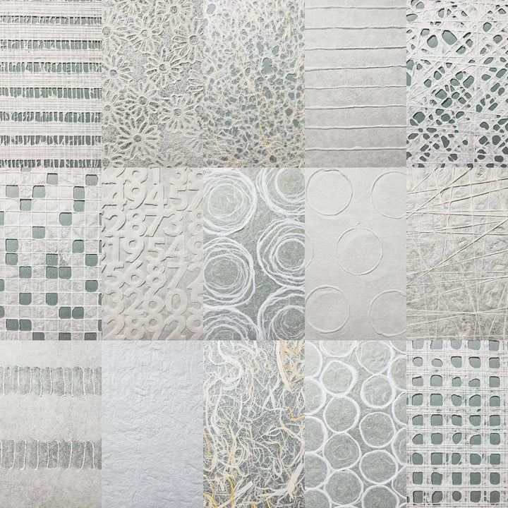 The A4 Texture Treasure Kozo Paper Pack #1 by Kozo Studio features 16 textured mulberry papers, each with unique textured patterns like lines, circles, numbers, and grids.