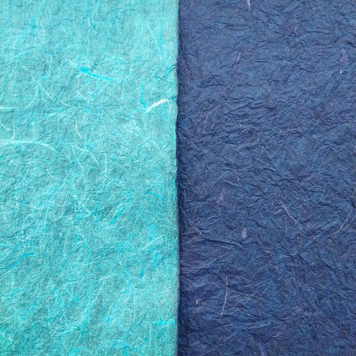 Detail view of crinkled handmade paper from Kozo Studio, highlighting the fibrous texture and dual-color design of premium Momigami mulberry paper.