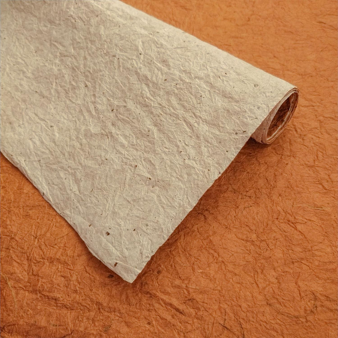Kozo Studio's artisan-made Momigami Kozo Paper displays a curled corner that reveals contrasting natural and brown sides of the handmade mulberry paper.