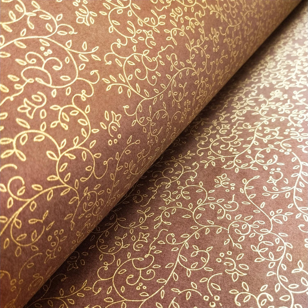 Kozo Studio brown handmade paper with gold floral and vine screen print, created from traditional mulberry paper for an elegant touch.