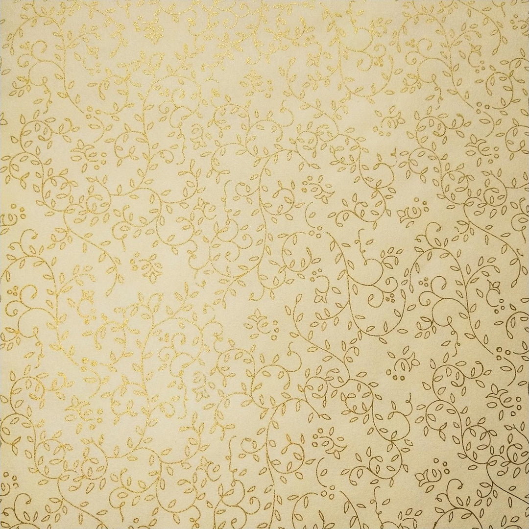 Ivory Kozo Studio mulberry paper roll unfurled to reveal elegant gold vine and leaf patterns on premium handmade paper.