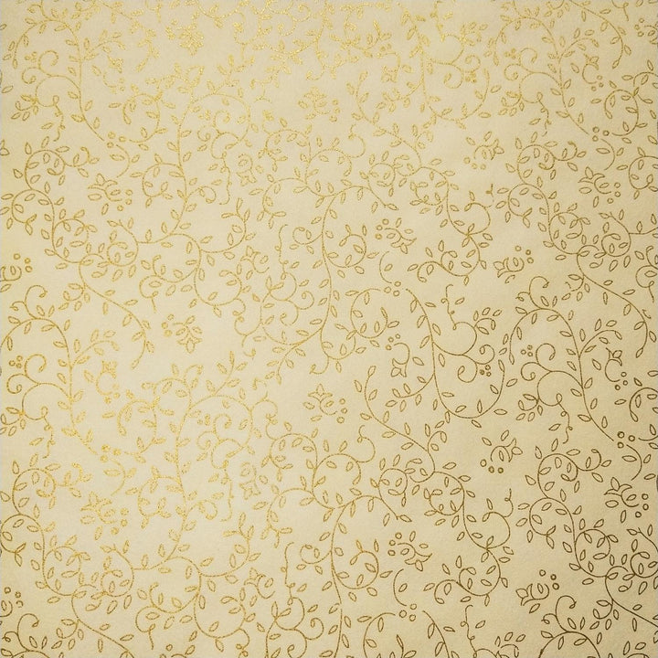 Ivory Kozo Studio mulberry paper roll unfurled to reveal elegant gold vine and leaf patterns on premium handmade paper.