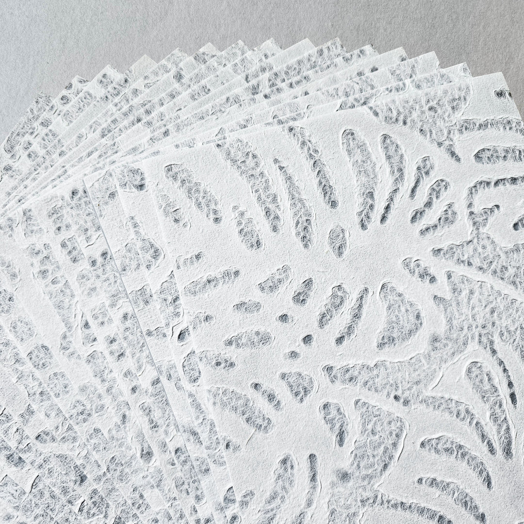 Elegant handmade paper collection from Kozo Studio, featuring 15 unique lace-inspired Rakusui patterns on premium mulberry paper.