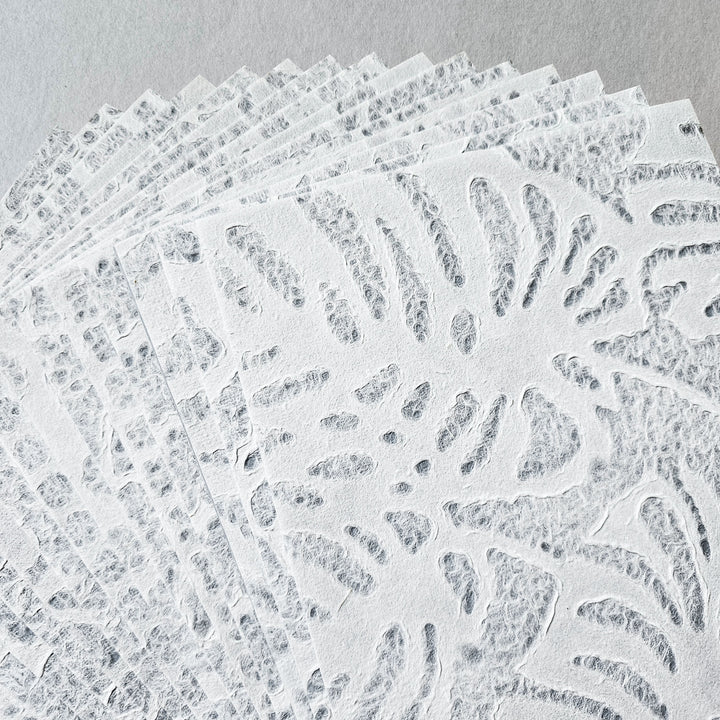 Elegant handmade paper collection from Kozo Studio, featuring 15 unique lace-inspired Rakusui patterns on premium mulberry paper.