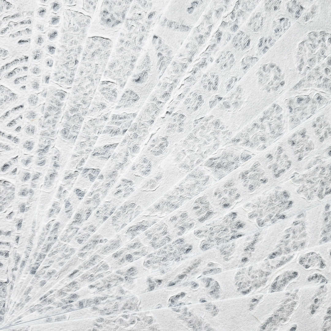 The A4 Handmade Lace Kozo Paper Pack from Kozo Studio features textured white mulberry paper with fan-like patterns. Its embossed, abstract shapes evoke a tactile and intricate designs.