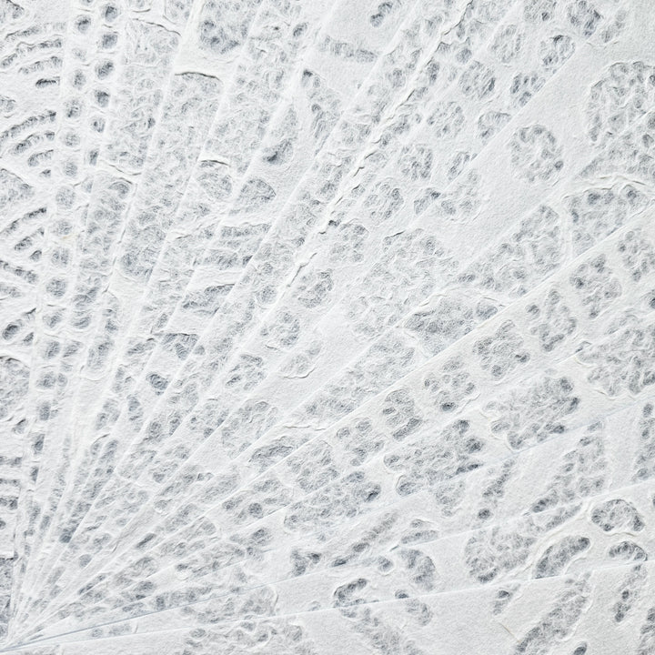 The A4 Handmade Lace Kozo Paper Pack from Kozo Studio features textured white mulberry paper with fan-like patterns. Its embossed, abstract shapes evoke a tactile and intricate designs.