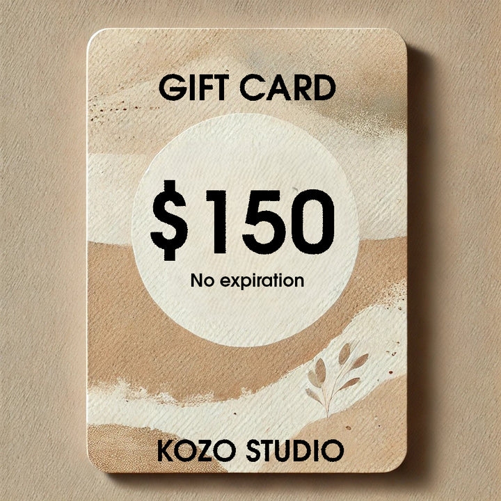 A rectangular gift card from Kozo Studio features a beige and white abstract design with bold $150 No expiration text. Gift Card is at the top and Kozo Studio at the bottom, showcasing creativity.