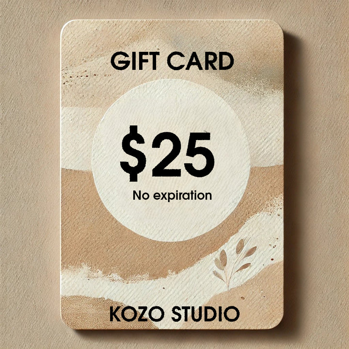 A $25 Kozo Studio Gift Card, printed on elegant mulberry paper with a beige and white abstract floral design, has no expiration date.
