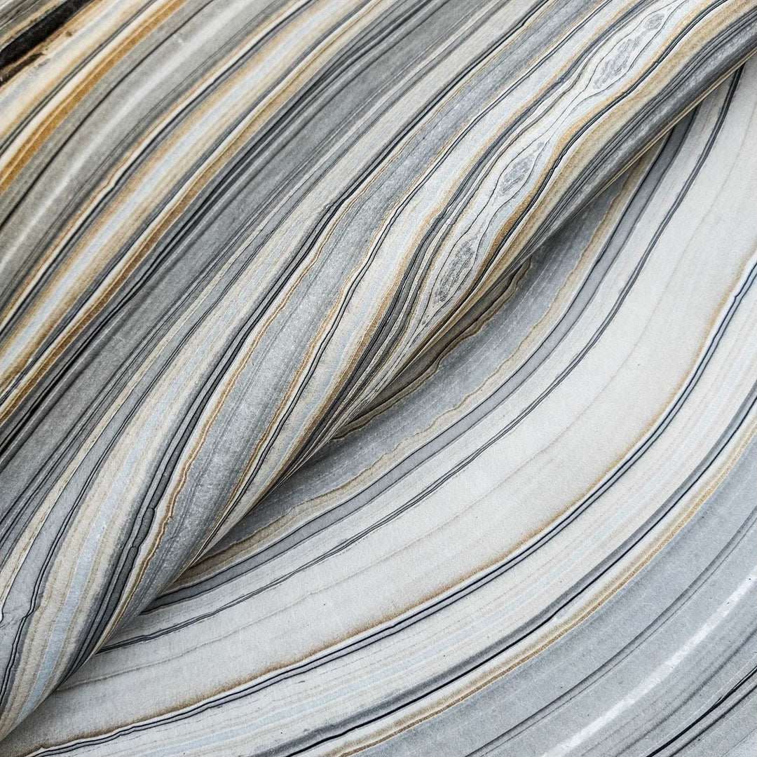 Kozo Studio striped handmade paper with a stone-inspired design in gray, white, and brown, made from premium mulberry fibers and perfect for creative applications.