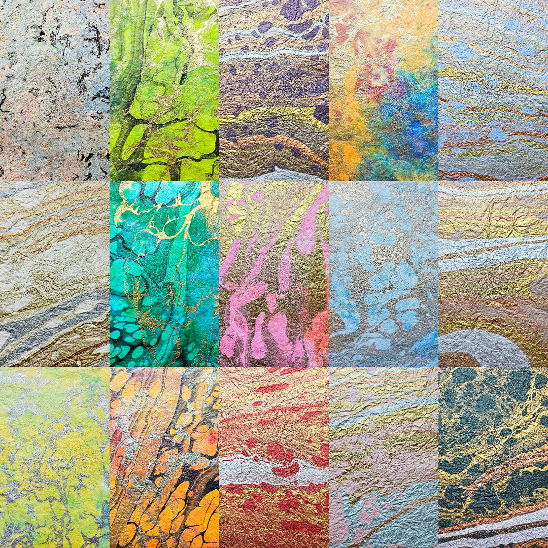 Exotic Milano Kozo handmade paper from Kozo Studio displayed in 15 stunning marbled patterns, showcasing the delicate, crinkled texture of traditional mulberry paper ideal for creative projects.
