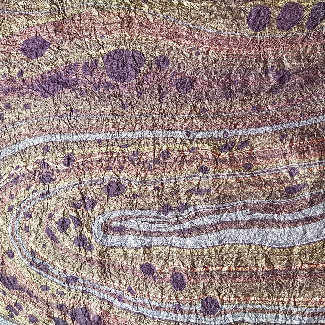 Decorative purple handmade paper by Kozo Studio, created using traditional floating techniques on mulberry paper for a marbled effect.