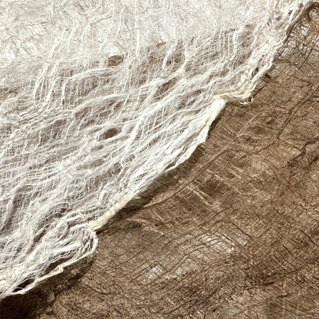Close-up of Flexi Mulberry Bark from Kozo Studio, showcasing its natural texture, soft fibers, and organic mesh, ideal for paper sculpting and artistic use.