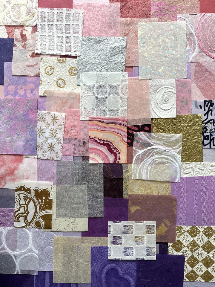 A vibrant 100-piece scrap pack of handmade mulberry paper from Kozo Studio, showcasing a unique mix of pink, purple, and white tones, ideal for creative projects like scrapbooking and collage making.