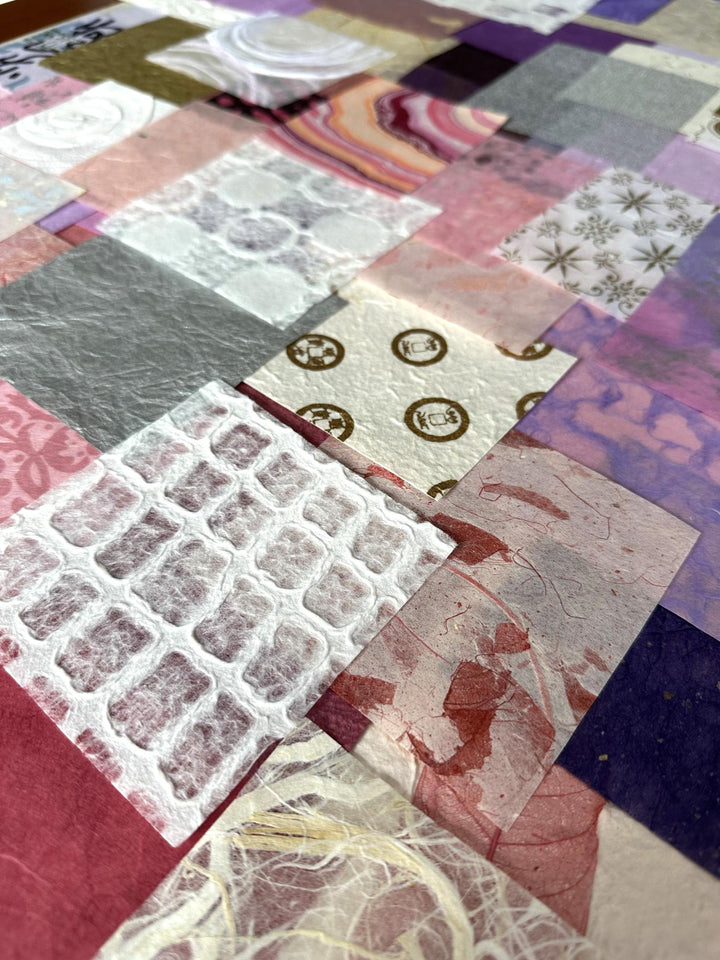Close-up of diverse handmade paper scraps from Kozo Studio, including a mix of mulberry paper textures and tones, designed for use in creative crafts like paper mache and journaling.