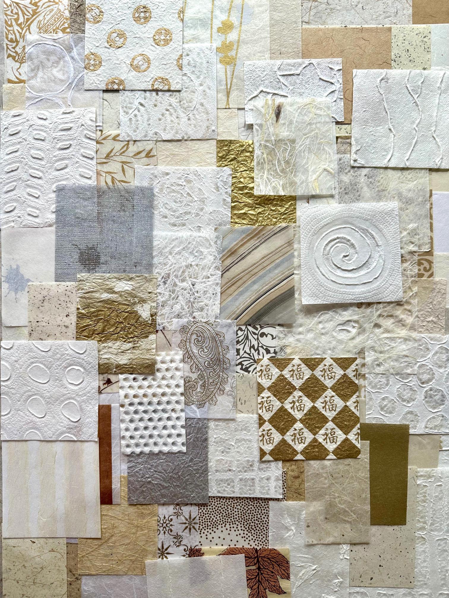 A 100-piece mulberry paper scrap pack from Kozo Studio, showcasing natural white and gold handmade paper in assorted textures and sizes, ideal for scrapbooking and collage art.