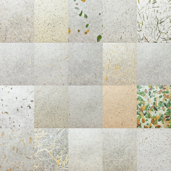 Close-up of a textured 40-sheet mulberry paper pack by Kozo Studio, showcasing handmade paper varieties such as Unryu with mulberry bark, Kinwashi, and rice straw confetti designs.