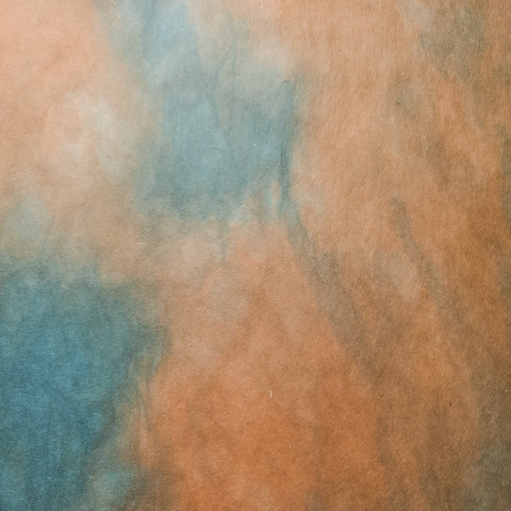 Rectangular Kozo Studio mulberry paper sheet with a unique ombre watercolor design in woodland-inspired hues, crafted through a handmade paper process.