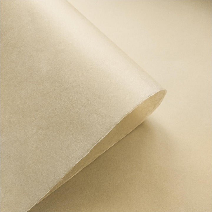 Two layered sheets of solid-colored Kozo Studio handmade mulberry paper in ivory, highlighting the subtle tone and fine craftsmanship.