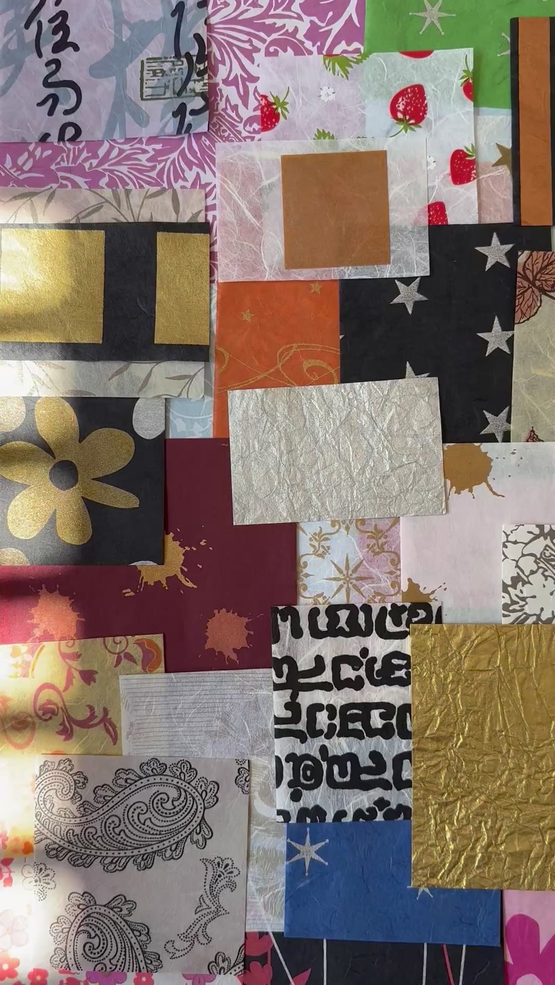 Mulberry paper and rice paper collage with vibrant patterns and textures, part of the 100-piece handmade paper pack by Kozo Studio.
