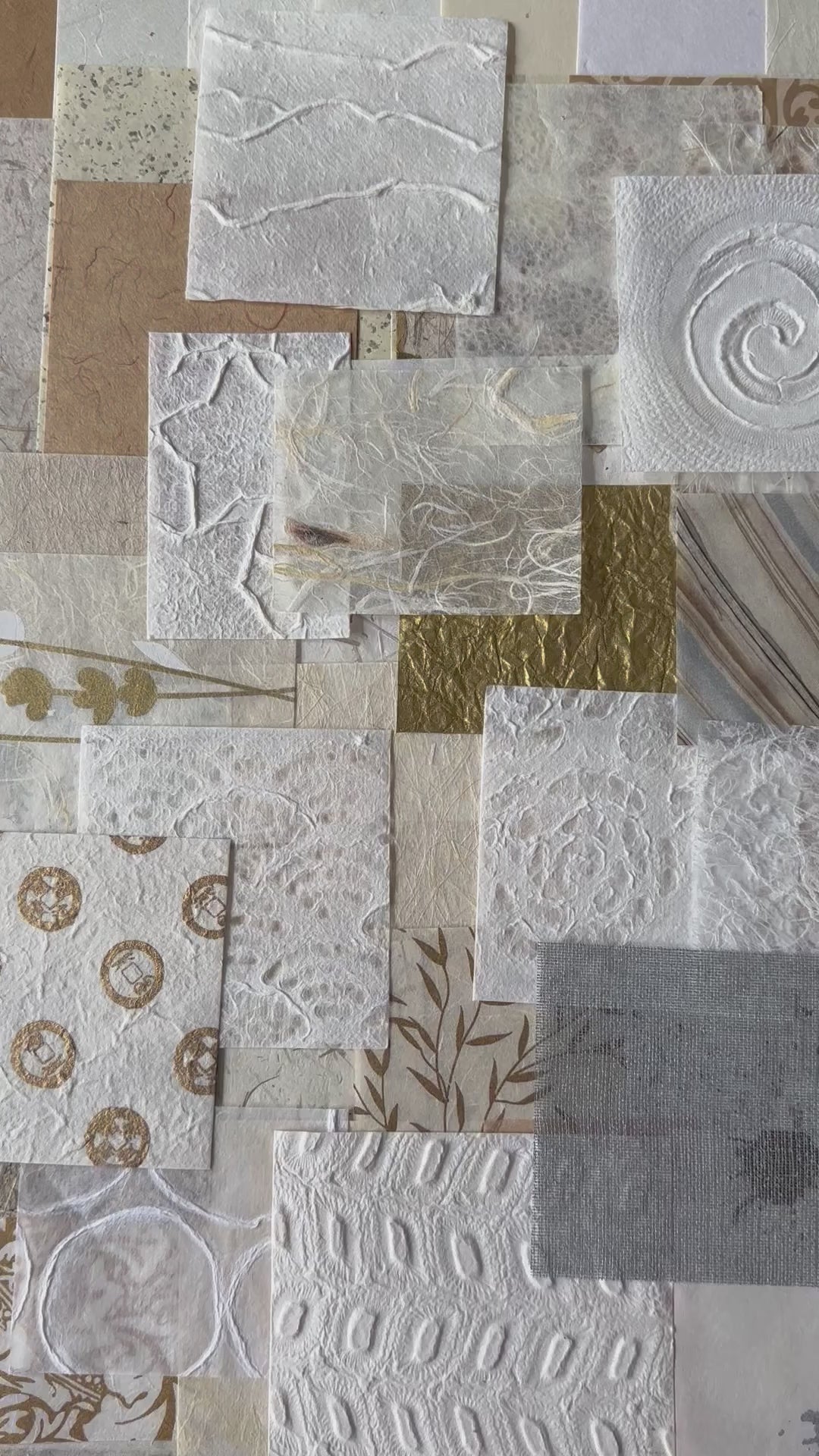 Close-up of a diverse selection of handmade paper scraps in natural tones from Kozo Studio's mulberry paper pack, featuring unique patterns and creative textures for DIY projects.