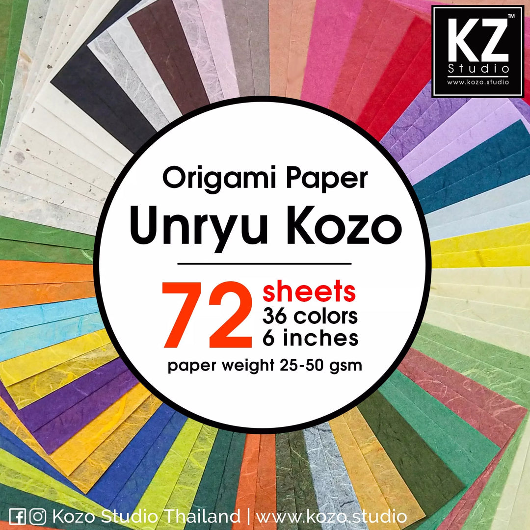 A circular display of origami paper mimics the Mulberry Paper texture and showcases a range of colors. The text reads: Origami Unryu Kozo Paper Pack (6x6 in., 72 sheets, 36 colors, weight 25–50 gsm), while the Kozo Studio logo adorns the top right corner.