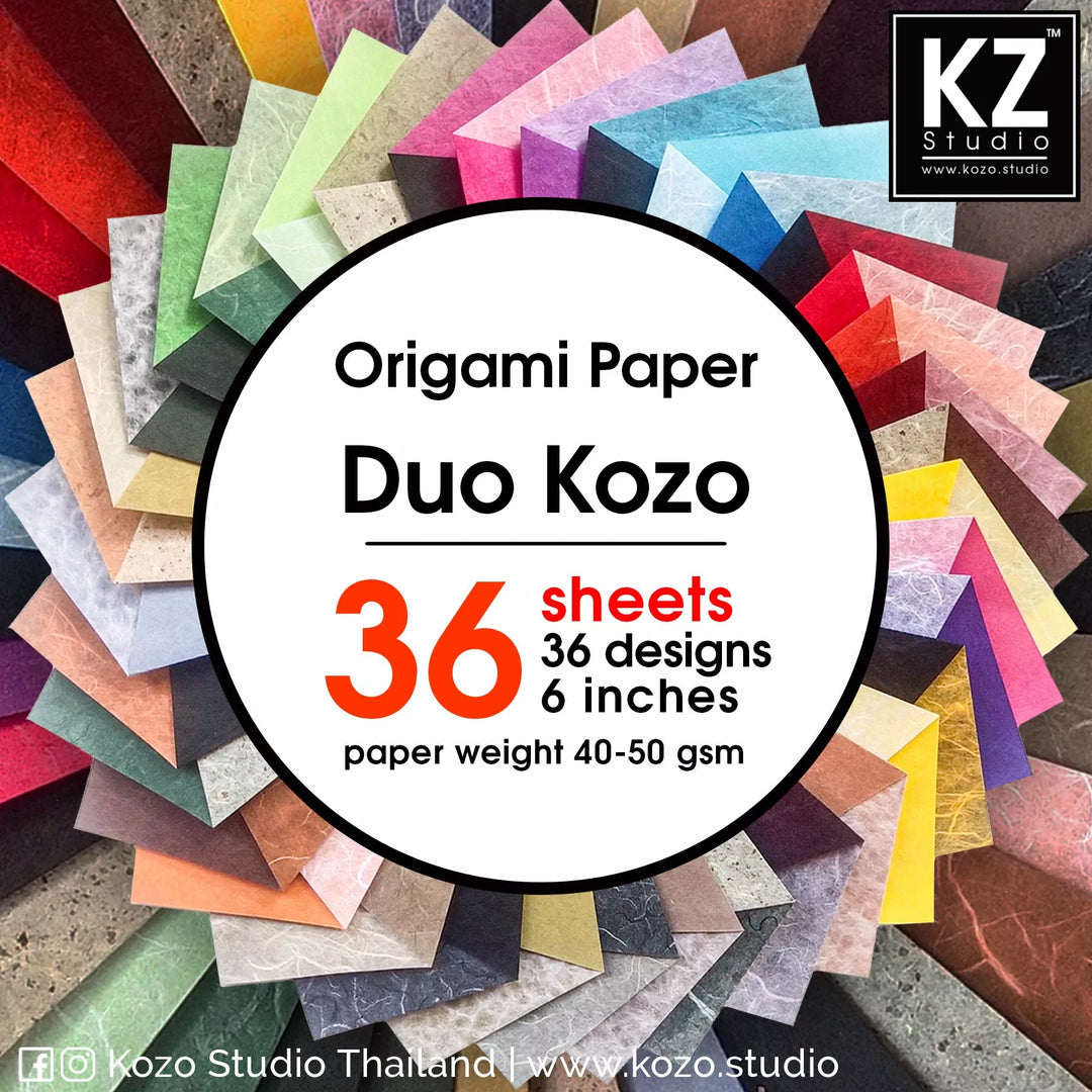 A circle of colorful origami sheets resembling delicate mulberry paper encases a textbox detailing the Origami Duo Kozo Paper Pack from Kozo Studio: 36 designs, 36 sheets, each 6x6 inches with a paper weight of 40-50 gsm. Branding is featured in the corners.