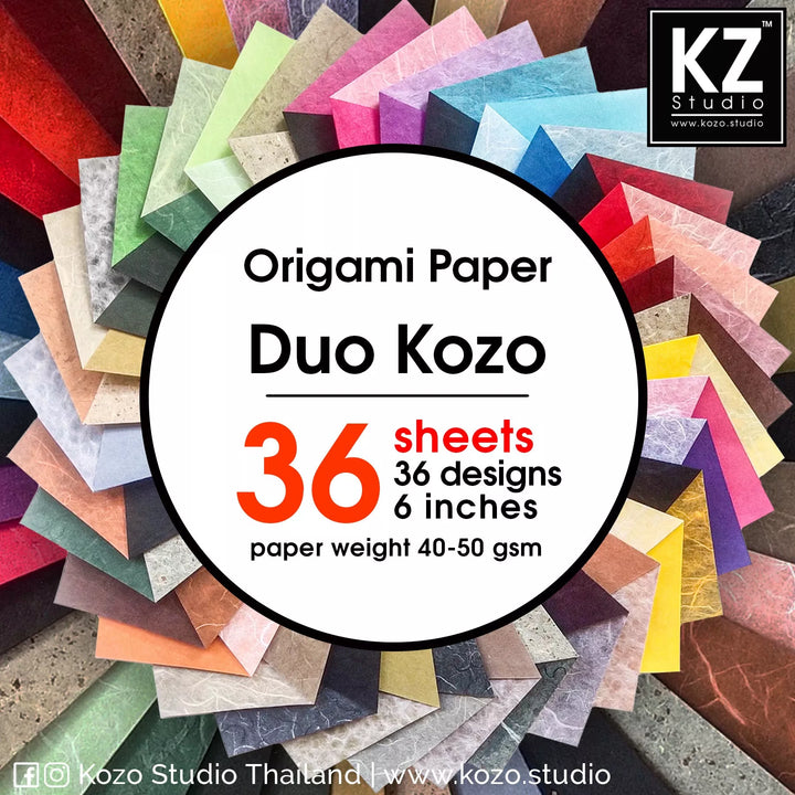 A circle of colorful origami sheets resembling delicate mulberry paper encases a textbox detailing the Origami Duo Kozo Paper Pack from Kozo Studio: 36 designs, 36 sheets, each 6x6 inches with a paper weight of 40-50 gsm. Branding is featured in the corners.