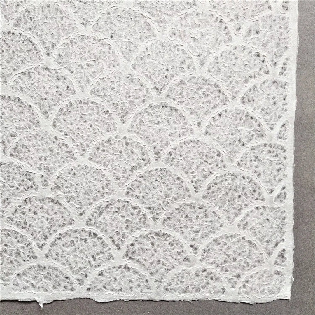 Artistic close-up of Kozo Studio handmade paper, featuring intricate wave patterns on mulberry paper suited for crafts, lampshades, and interiors.