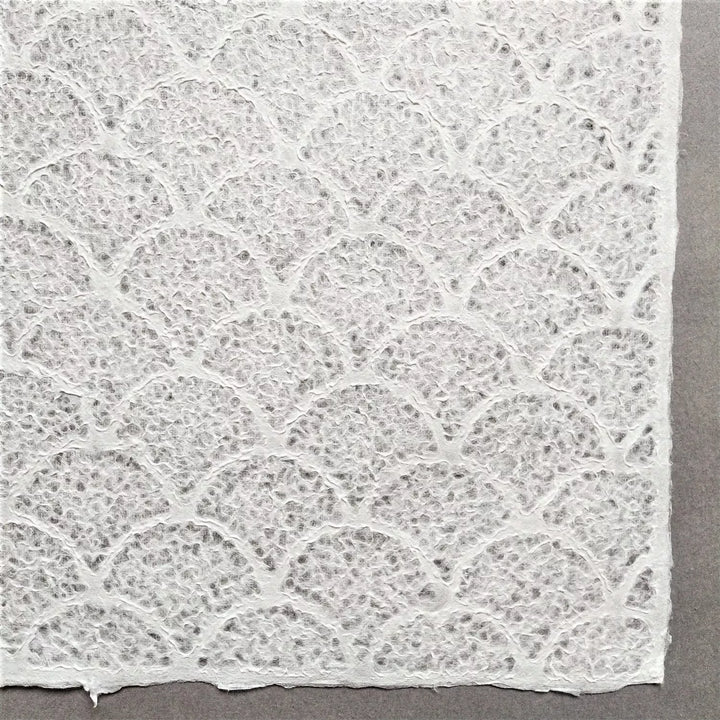 Artistic close-up of Kozo Studio handmade paper, featuring intricate wave patterns on mulberry paper suited for crafts, lampshades, and interiors.