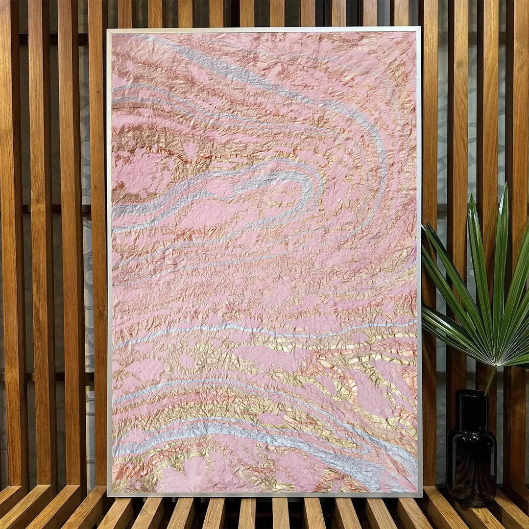 Pink marble Milano Kozo handmade paper crafted by Kozo Studio, showcasing a unique marbling technique on mulberry paper for an elegant, fabric-like finish.