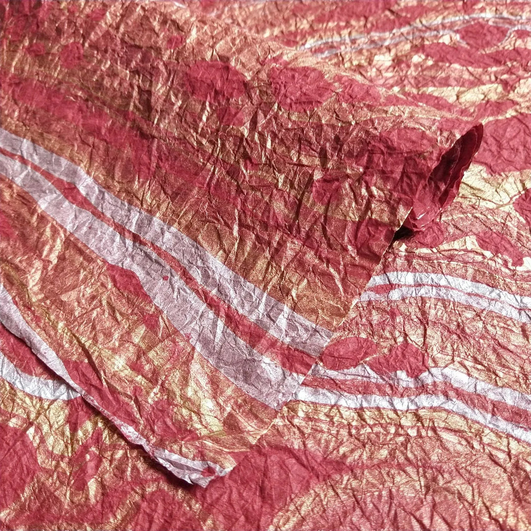 Unique sheet of Milano Kozo handmade paper in Design 14 Red, showcasing intricate marbling on delicate mulberry paper crafted by Kozo Studio.