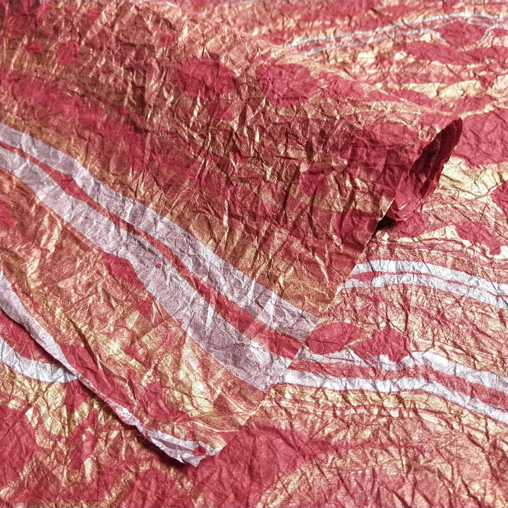Unique sheet of Milano Kozo handmade paper in Design 14 Red, showcasing intricate marbling on delicate mulberry paper crafted by Kozo Studio.