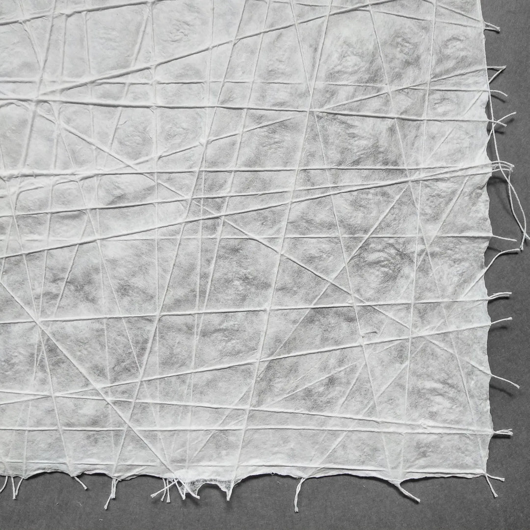 Artistic image of Kozo Studio's handmade interlace mulberry paper, where cotton threads form organic patterns on finely crafted white paper with visible dimpling.