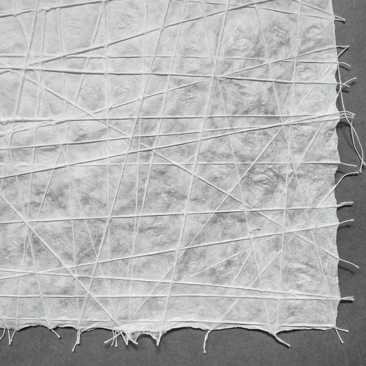 Artistic image of Kozo Studio's handmade interlace mulberry paper, where cotton threads form organic patterns on finely crafted white paper with visible dimpling.