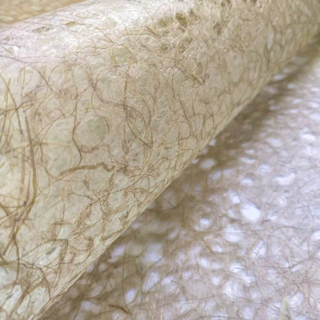 Close-up of handmade mulberry paper by Kozo Studio showcasing Asarakusui Lace Paper in brown with translucent, earthy beige tones and web-like natural fibers.