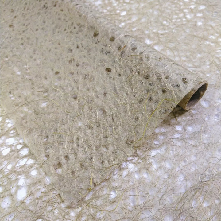 Brown Asarakusui Lace Paper by Kozo Studio in a close-up shot highlighting its handmade mulberry paper texture and intricate fiber design.